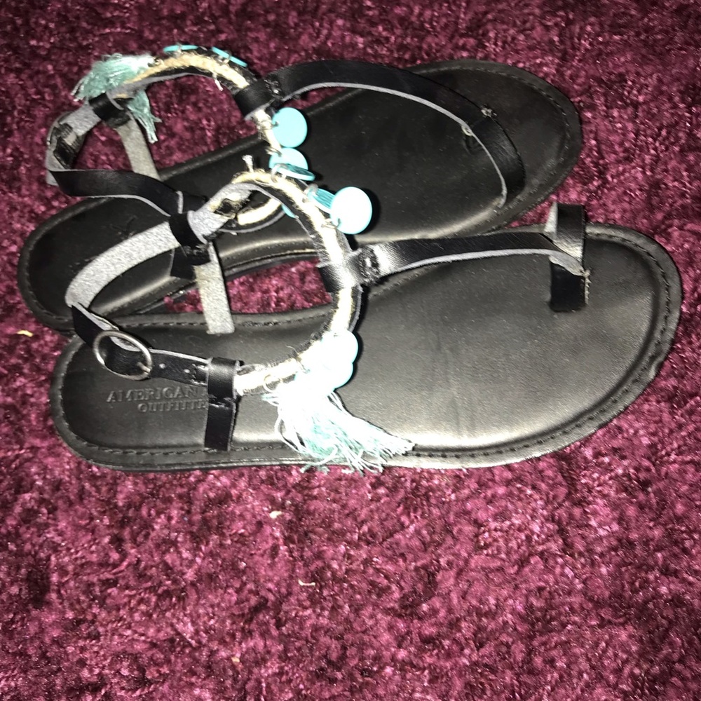 Black and teal flat sandals